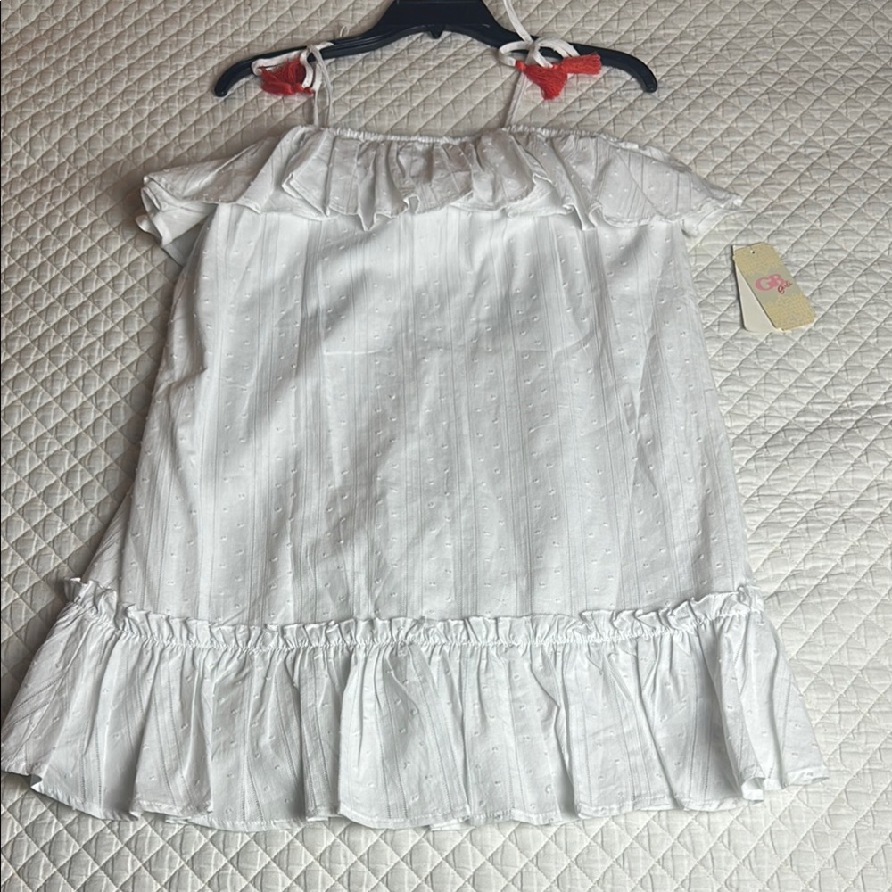 GB Girls White Off-Shoulder Dress with Ruffle Hem and Orange Tassels